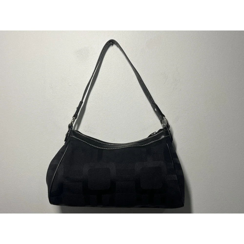 Y2K Nine West Black Canvas Shoulder Bag Purse Zip Top w/Silver Hardware 12x4x4
